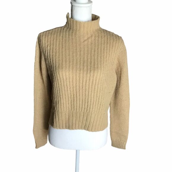 Project Naadam Womens Size XS Camel Open Knit Turtleneck Sweater Short Poncho - Picture 3 of 11